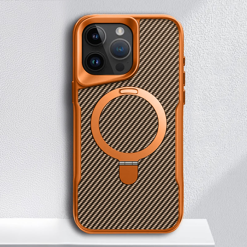 Carbon Fiber Textured Magnetic Phone Case with 360° Rotating Ring for iPhone Series