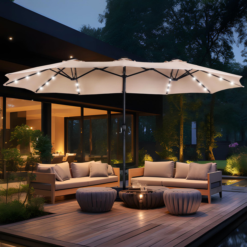 15ft Double Sided Patio Umbrella with Solar Lights