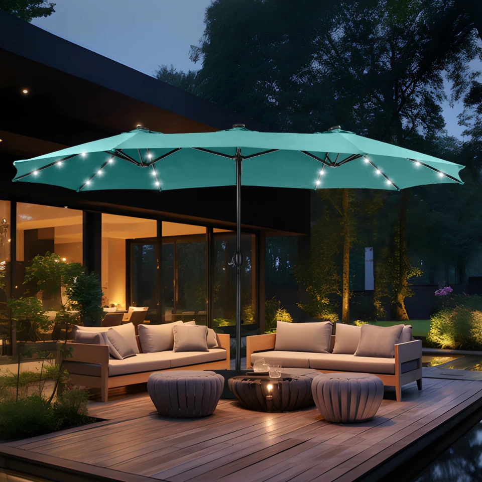 15ft Double Sided Patio Umbrella with Solar Lights