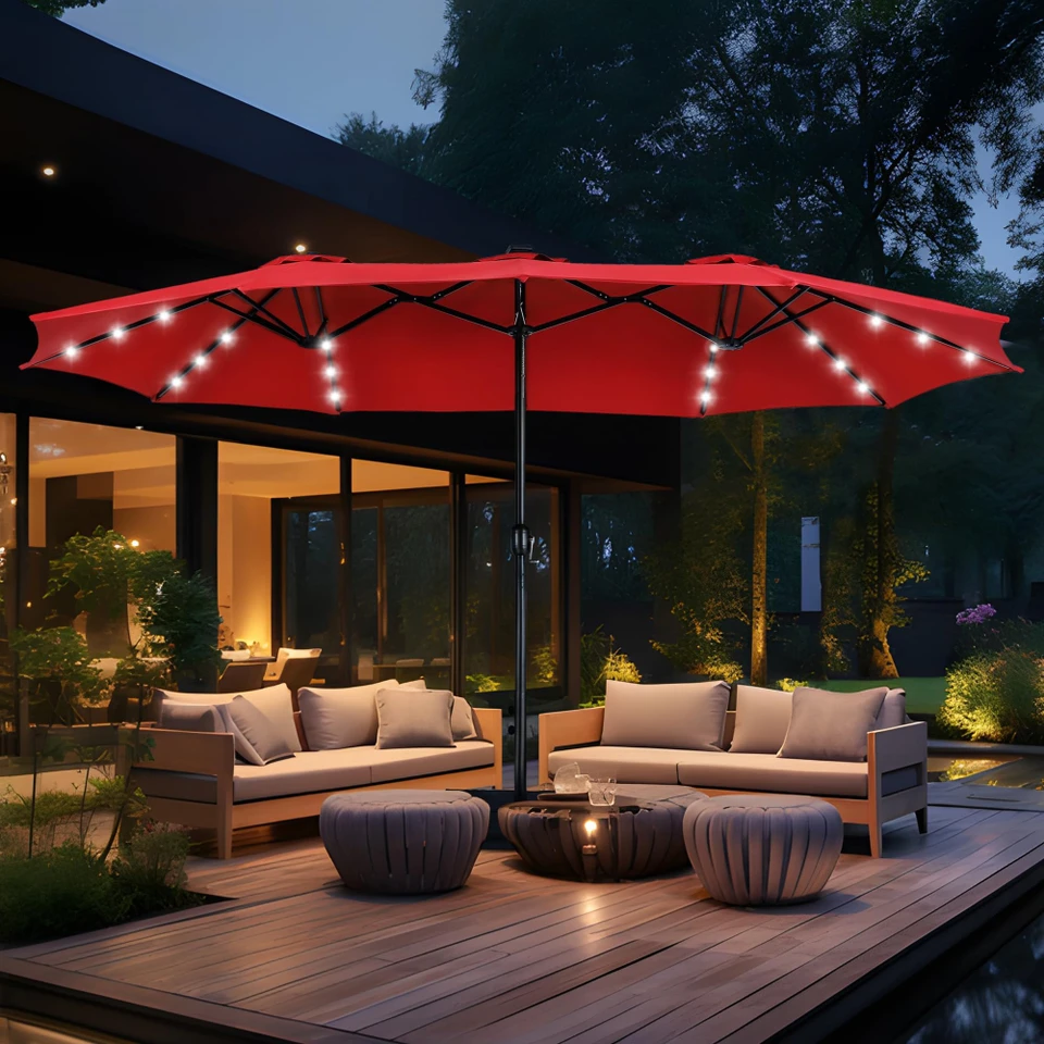15ft Double Sided Patio Umbrella with Solar Lights