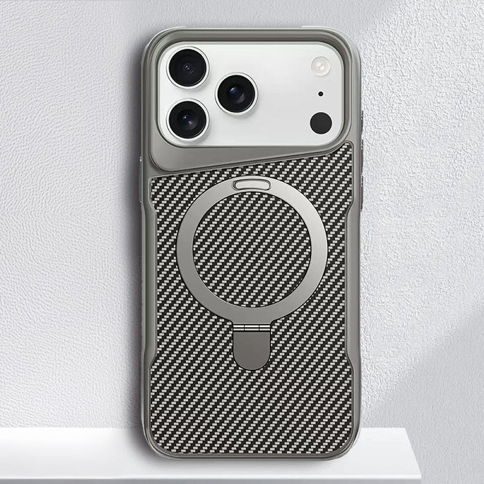 Carbon Fiber Textured Magnetic Phone Case with 360° Rotating Ring for iPhone Series