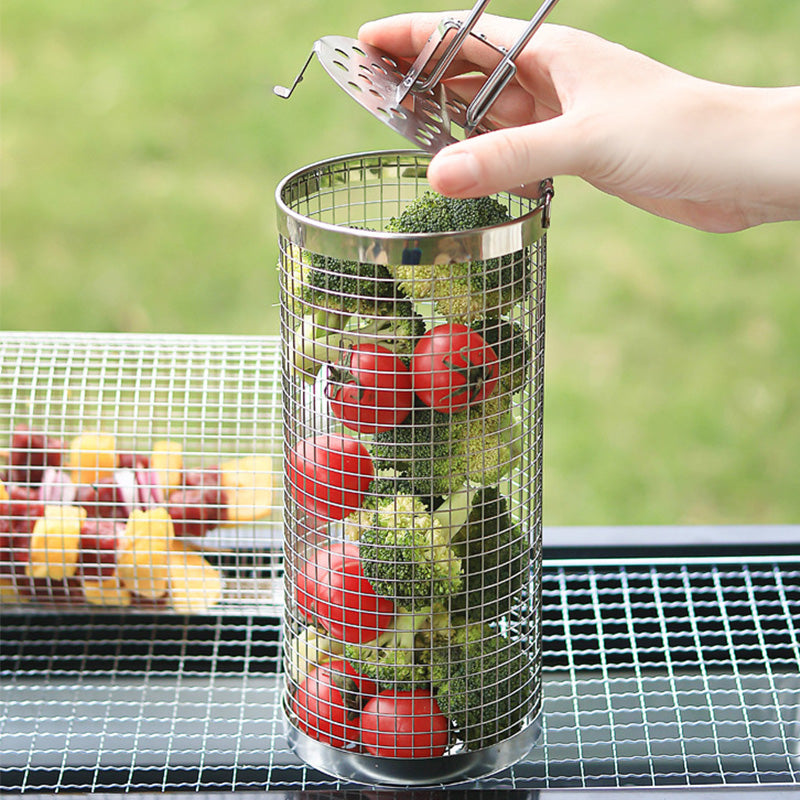 304 Food Grade Stainless Steel Rolling BBQ Grill Basket, Cylindrical Rotating Barbecue Mesh Cage with Anti-Scald Wooden Handle for Vegetables Meat Shrimp