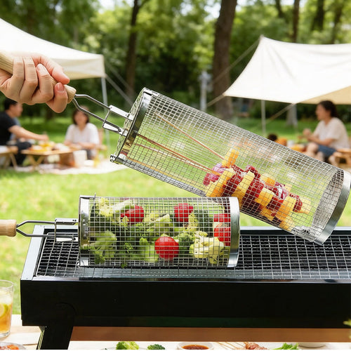 304 Food Grade Stainless Steel Rolling BBQ Grill Basket, Cylindrical Rotating Barbecue Mesh Cage with Anti-Scald Wooden Handle for Vegetables Meat Shrimp