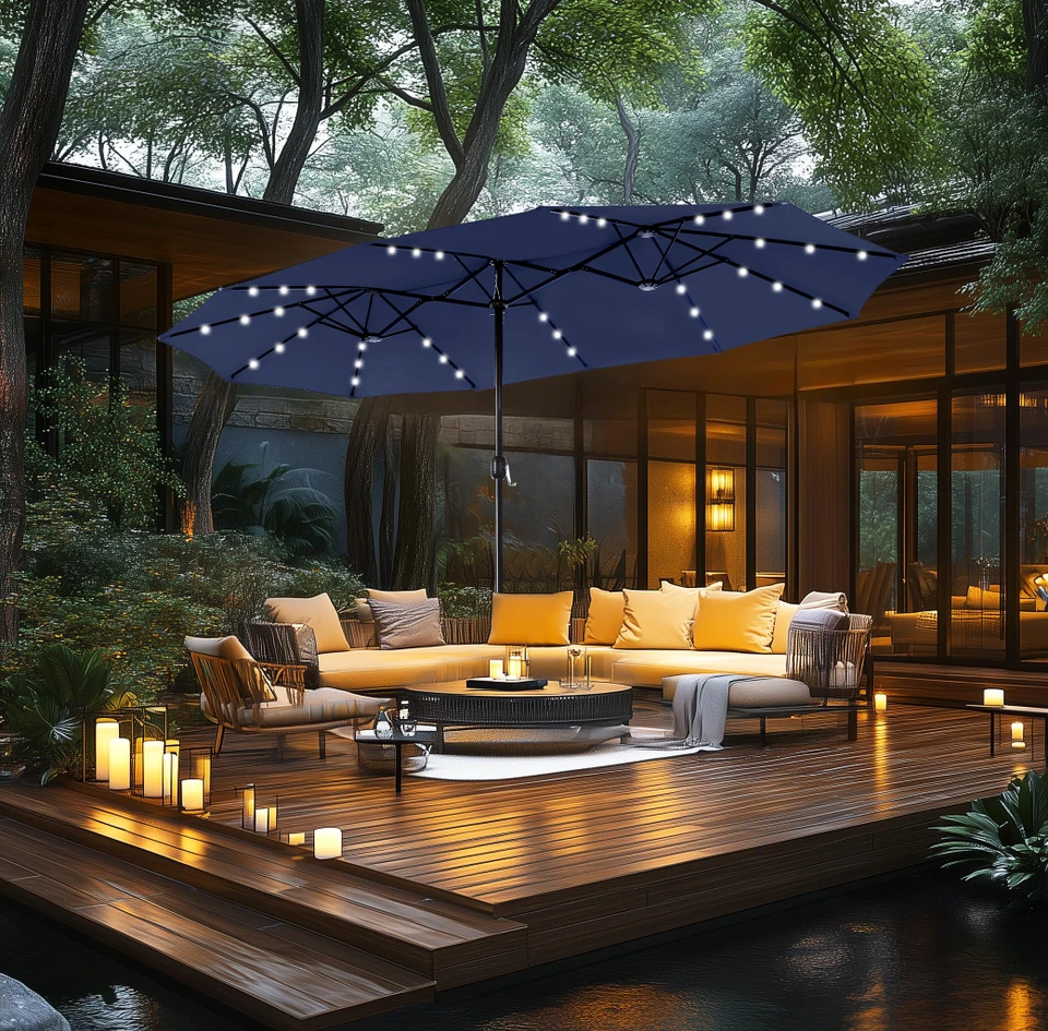 15ft Double Sided Patio Umbrella with Solar Lights