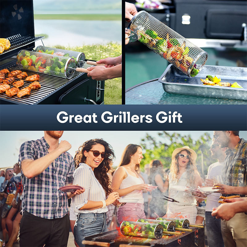 304 Food Grade Stainless Steel Rolling BBQ Grill Basket, Cylindrical Rotating Barbecue Mesh Cage with Anti-Scald Wooden Handle for Vegetables Meat Shrimp