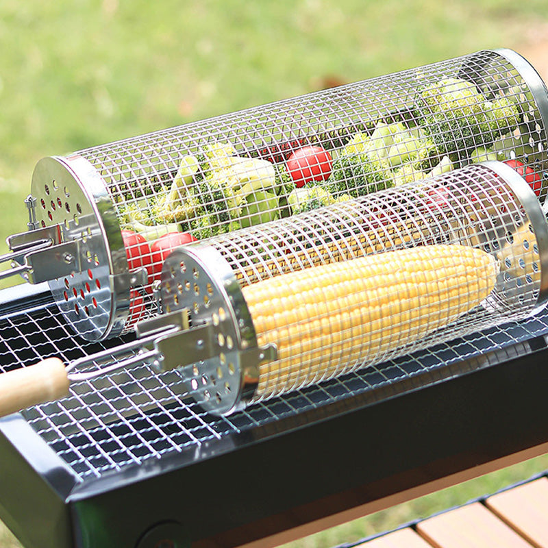 304 Food Grade Stainless Steel Rolling BBQ Grill Basket, Cylindrical Rotating Barbecue Mesh Cage with Anti-Scald Wooden Handle for Vegetables Meat Shrimp