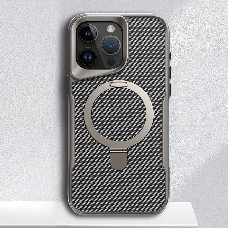 Carbon Fiber Textured Magnetic Phone Case with 360° Rotating Ring for iPhone Series