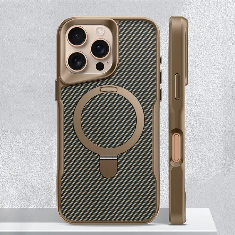 Carbon Fiber Textured Magnetic Phone Case with 360° Rotating Ring for iPhone Series