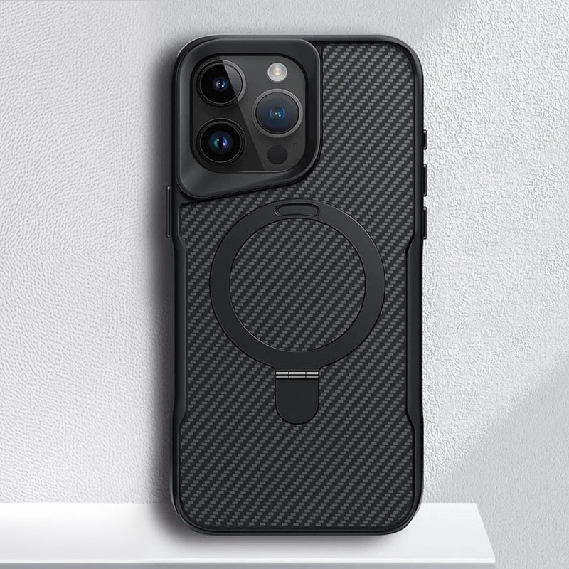Carbon Fiber Textured Magnetic Phone Case with 360° Rotating Ring for iPhone Series