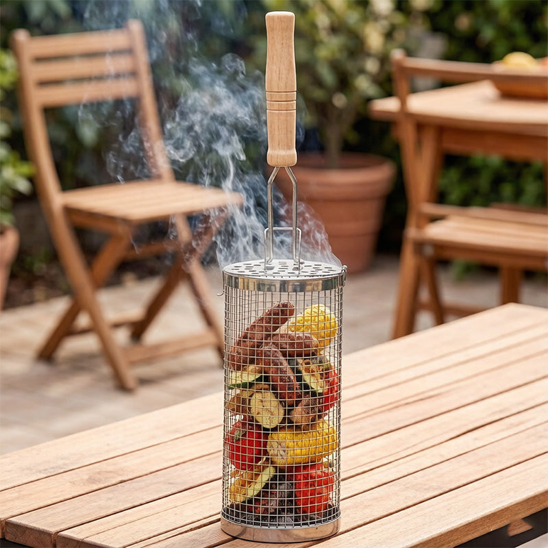 304 Food Grade Stainless Steel Rolling BBQ Grill Basket, Cylindrical Rotating Barbecue Mesh Cage with Anti-Scald Wooden Handle for Vegetables Meat Shrimp