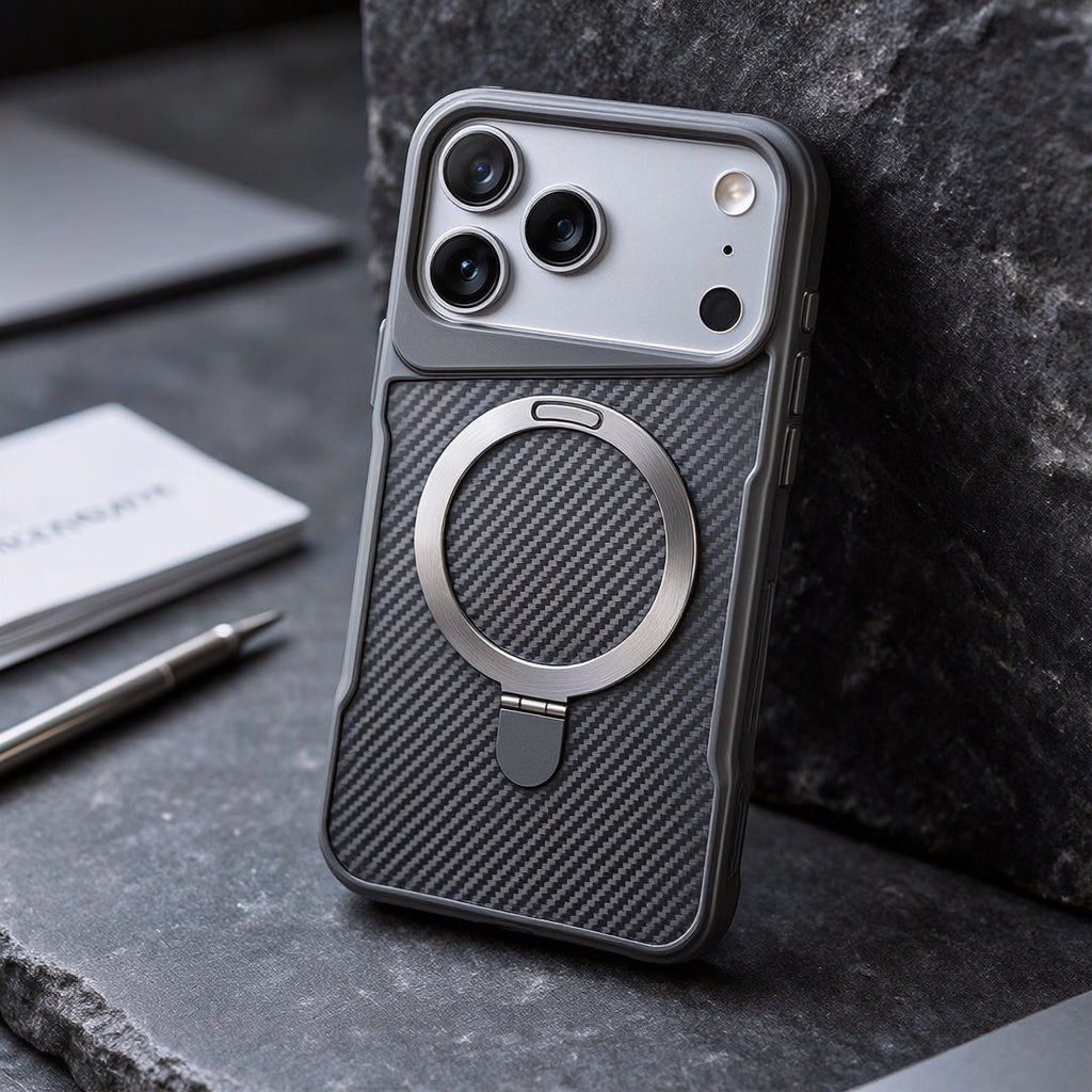 Carbon Fiber Textured Magnetic Phone Case with 360° Rotating Ring for iPhone Series