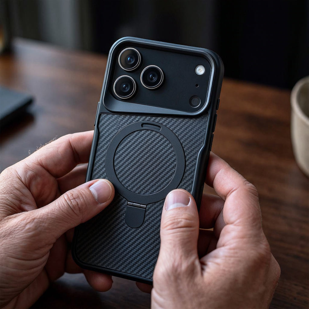 Carbon Fiber Textured Magnetic Phone Case with 360° Rotating Ring for iPhone Series