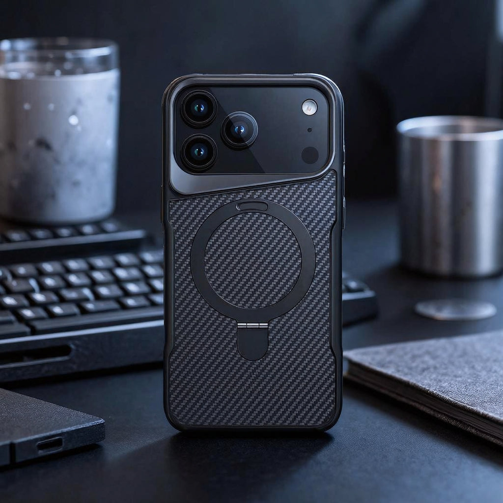 Carbon Fiber Textured Magnetic Phone Case with 360° Rotating Ring for iPhone Series