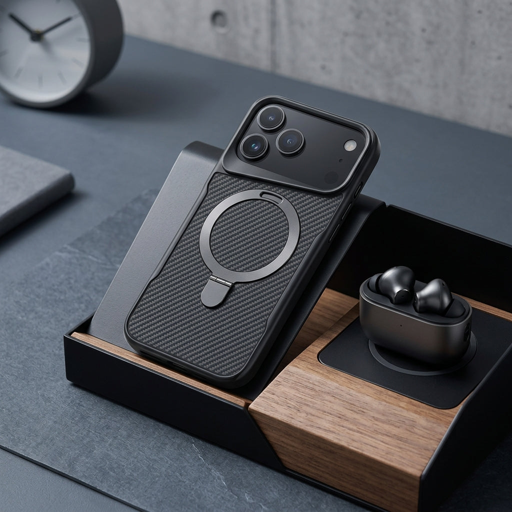 Carbon Fiber Textured Magnetic Phone Case with 360° Rotating Ring for iPhone Series