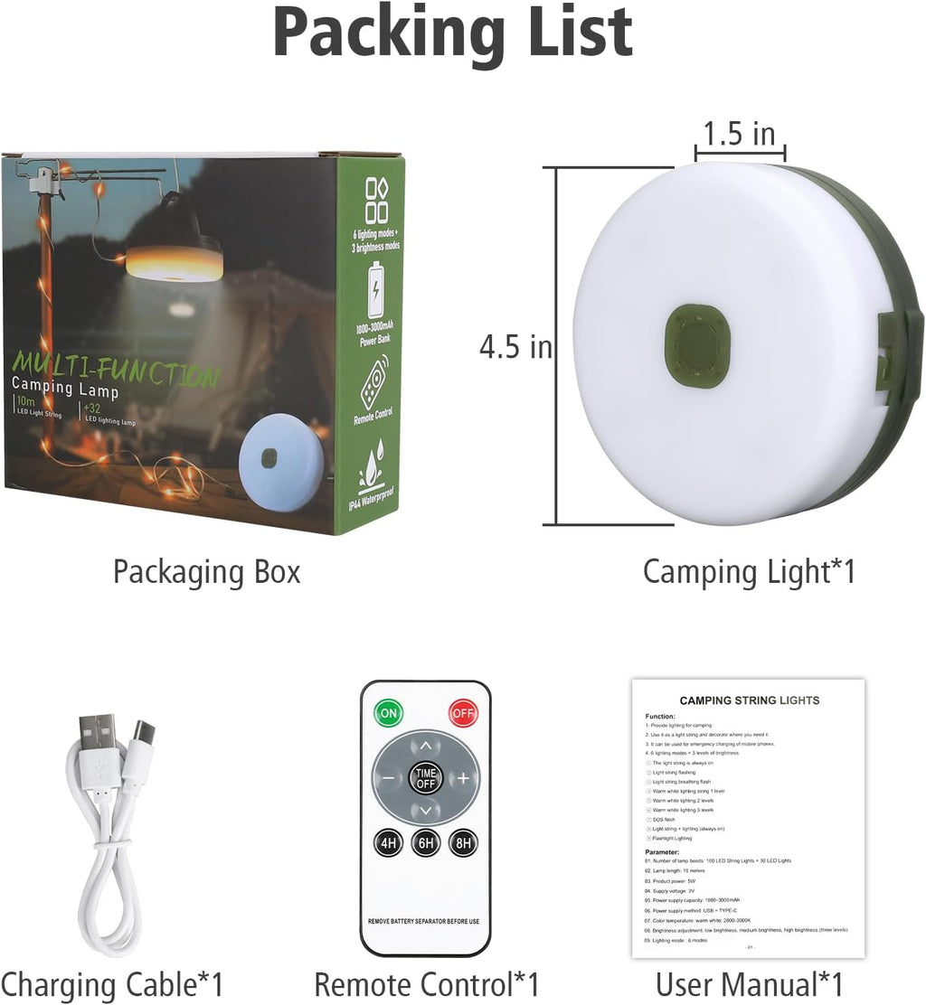 4‑in‑1 Retractable Camping String Lights, Rechargeable LED Tent Light with Remote Timer, IP44 Waterproof for Camping Garden Backyard Party Decor