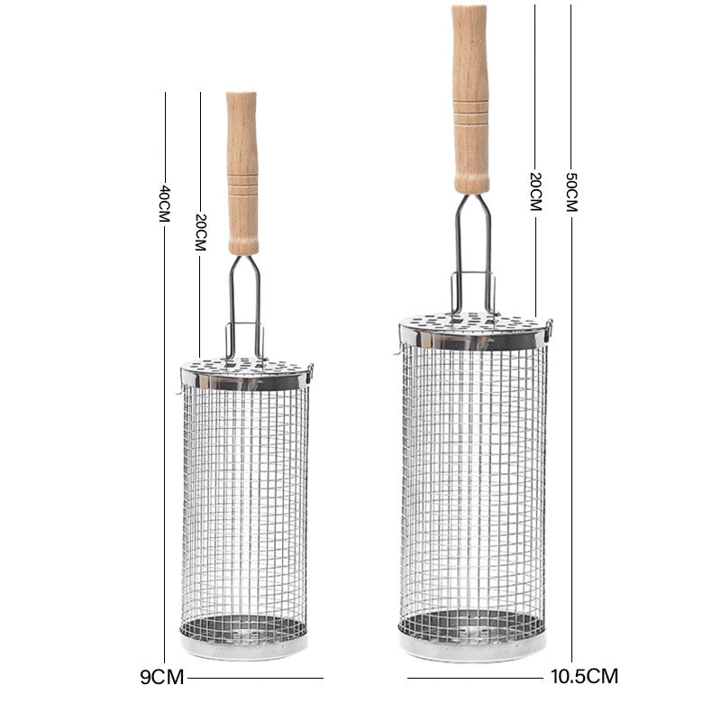 304 Food Grade Stainless Steel Rolling BBQ Grill Basket, Cylindrical Rotating Barbecue Mesh Cage with Anti-Scald Wooden Handle for Vegetables Meat Shrimp