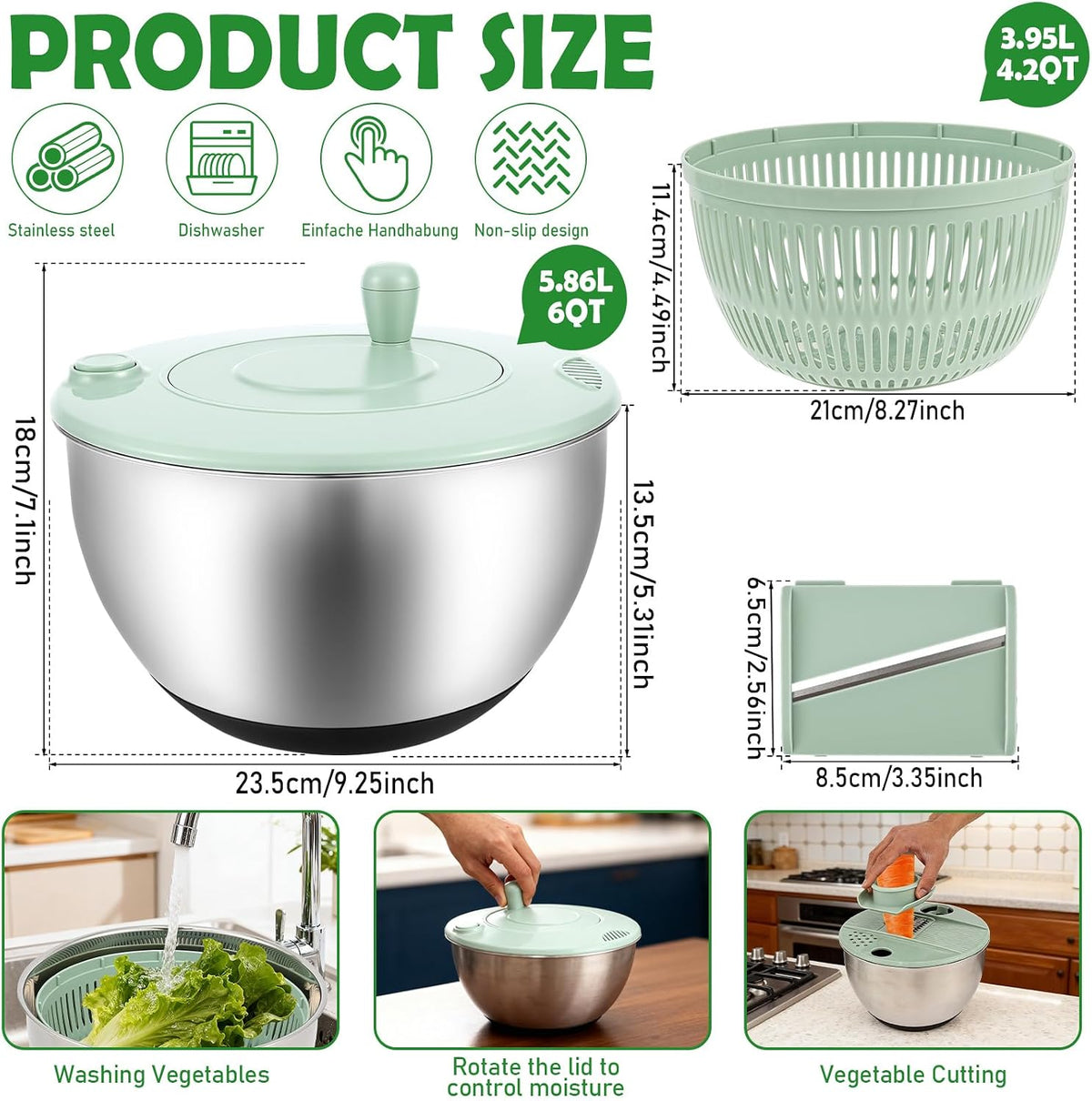 Large Stainless Steel Salad Spinner with 5 Blades