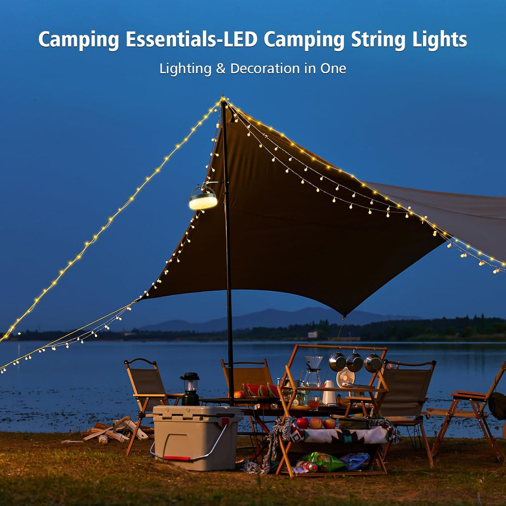 4‑in‑1 Retractable Camping String Lights, Rechargeable LED Tent Light with Remote Timer, IP44 Waterproof for Camping Garden Backyard Party Decor