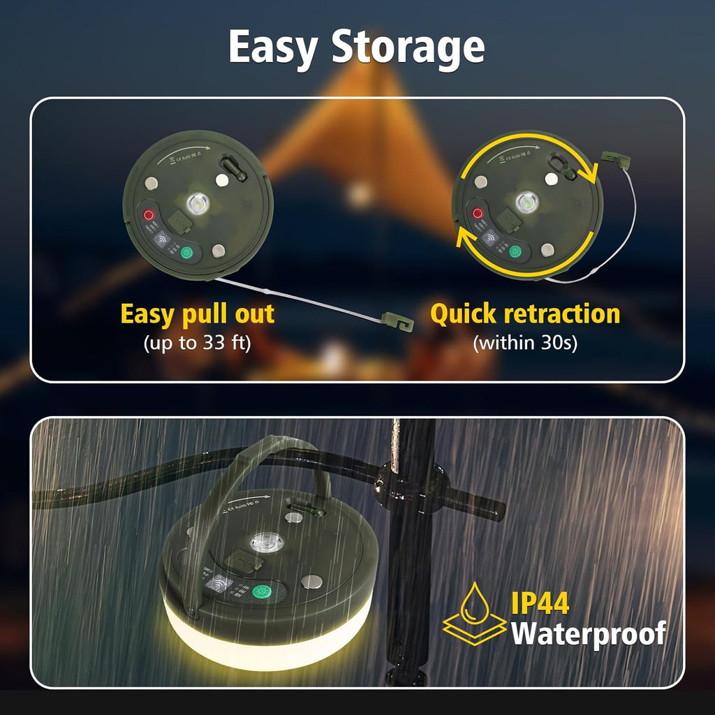 4‑in‑1 Retractable Camping String Lights, Rechargeable LED Tent Light with Remote Timer, IP44 Waterproof for Camping Garden Backyard Party Decor