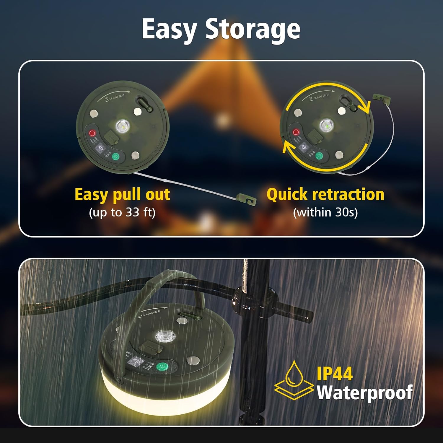 4‑in‑1 Retractable Camping String Lights, Rechargeable LED Tent Light with Remote Timer, IP44 Waterproof for Camping Garden Backyard Party Decor