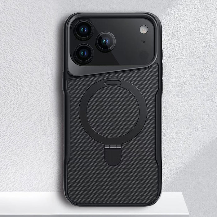 Carbon Fiber Textured Magnetic Phone Case with 360° Rotating Ring for iPhone Series