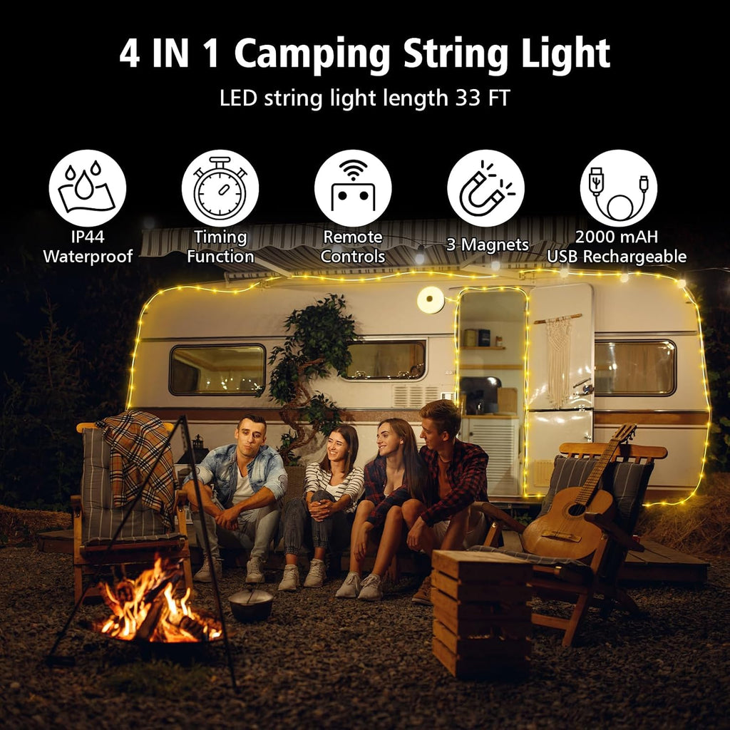 4‑in‑1 Retractable Camping String Lights, Rechargeable LED Tent Light with Remote Timer, IP44 Waterproof for Camping Garden Backyard Party Decor