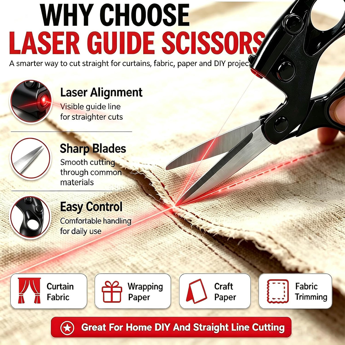Laser Guided Scissors for Fabric Cutting, Quilting Home Craft Wrapping Gift