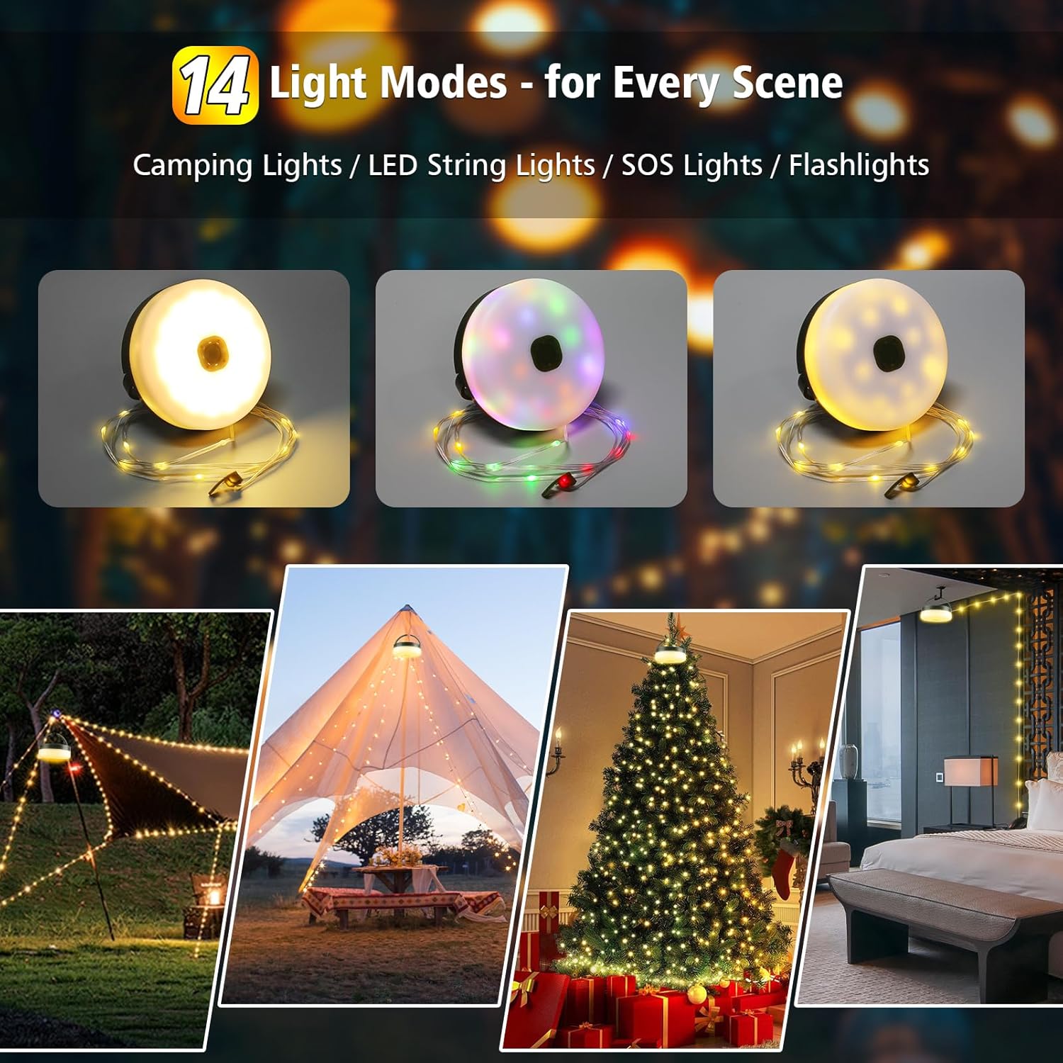 4‑in‑1 Retractable Camping String Lights, Rechargeable LED Tent Light with Remote Timer, IP44 Waterproof for Camping Garden Backyard Party Decor