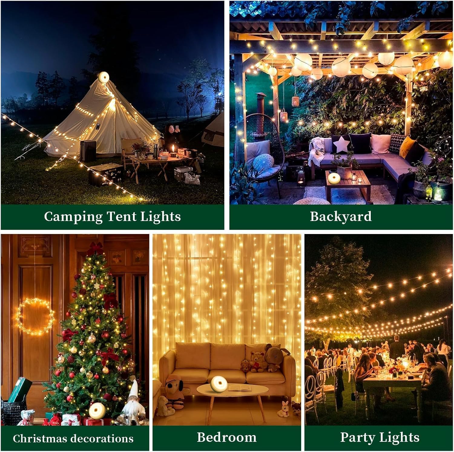 4‑in‑1 Retractable Camping String Lights, Rechargeable LED Tent Light with Remote Timer, IP44 Waterproof for Camping Garden Backyard Party Decor
