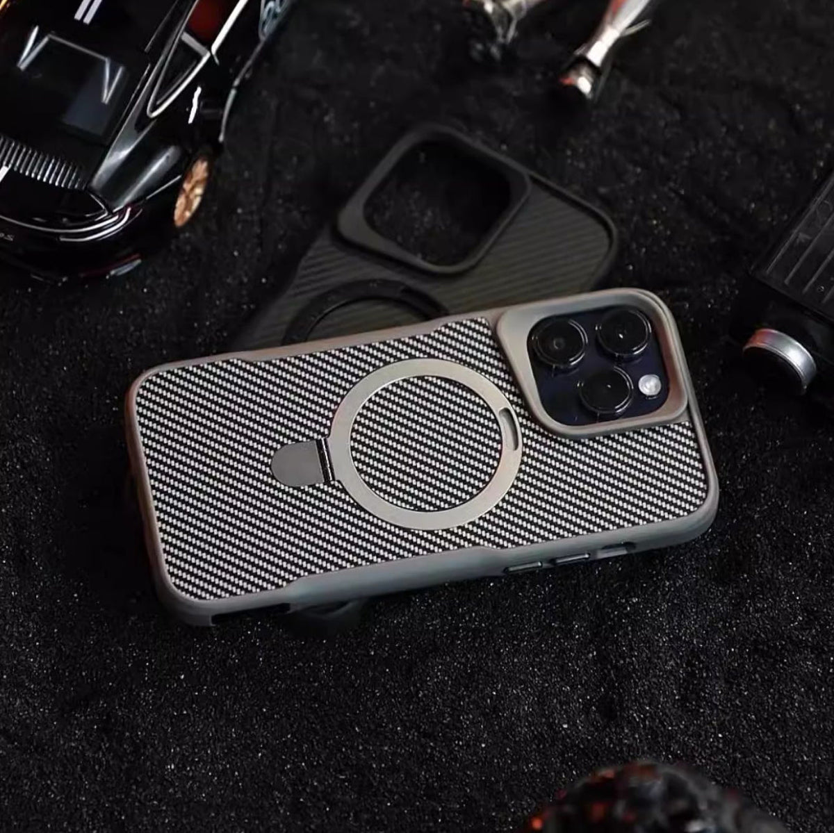 Carbon Fiber Textured Magnetic Phone Case with 360° Rotating Ring for iPhone Series