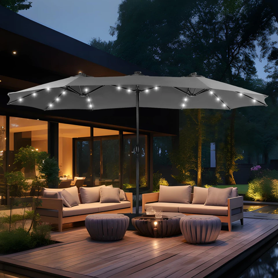 15ft Double Sided Patio Umbrella with Solar Lights